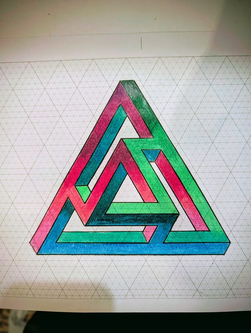 Coloured-pencil drawing of an impossible Penrose triangle folding into itself, its beams following a 60-degree isometric grid.