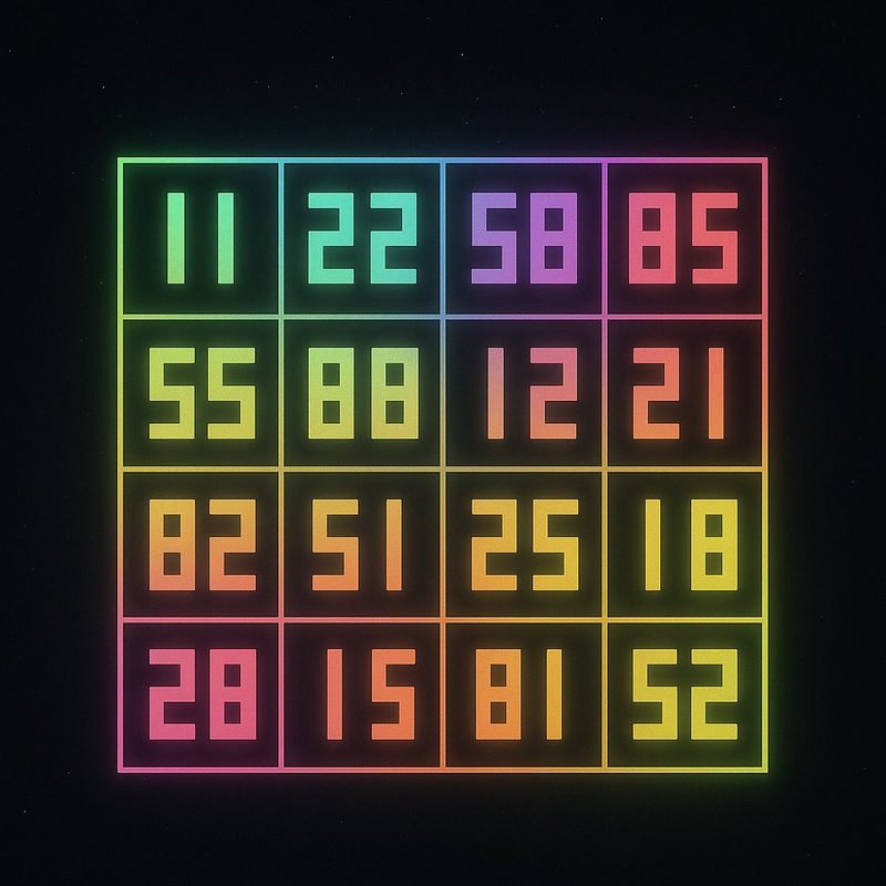 Four-by-four grid of two-digit numbers made only from the digits 1, 2, 5 and 8, arranged as a magic square.