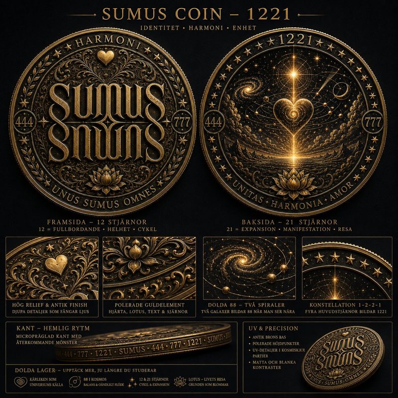 Concept sheet for a commemorative coin: the obverse shows the mirrored SUMUS wordmark between a heart and a lotus ringed by stars; the reverse shows two spiral galaxies and a constellation.